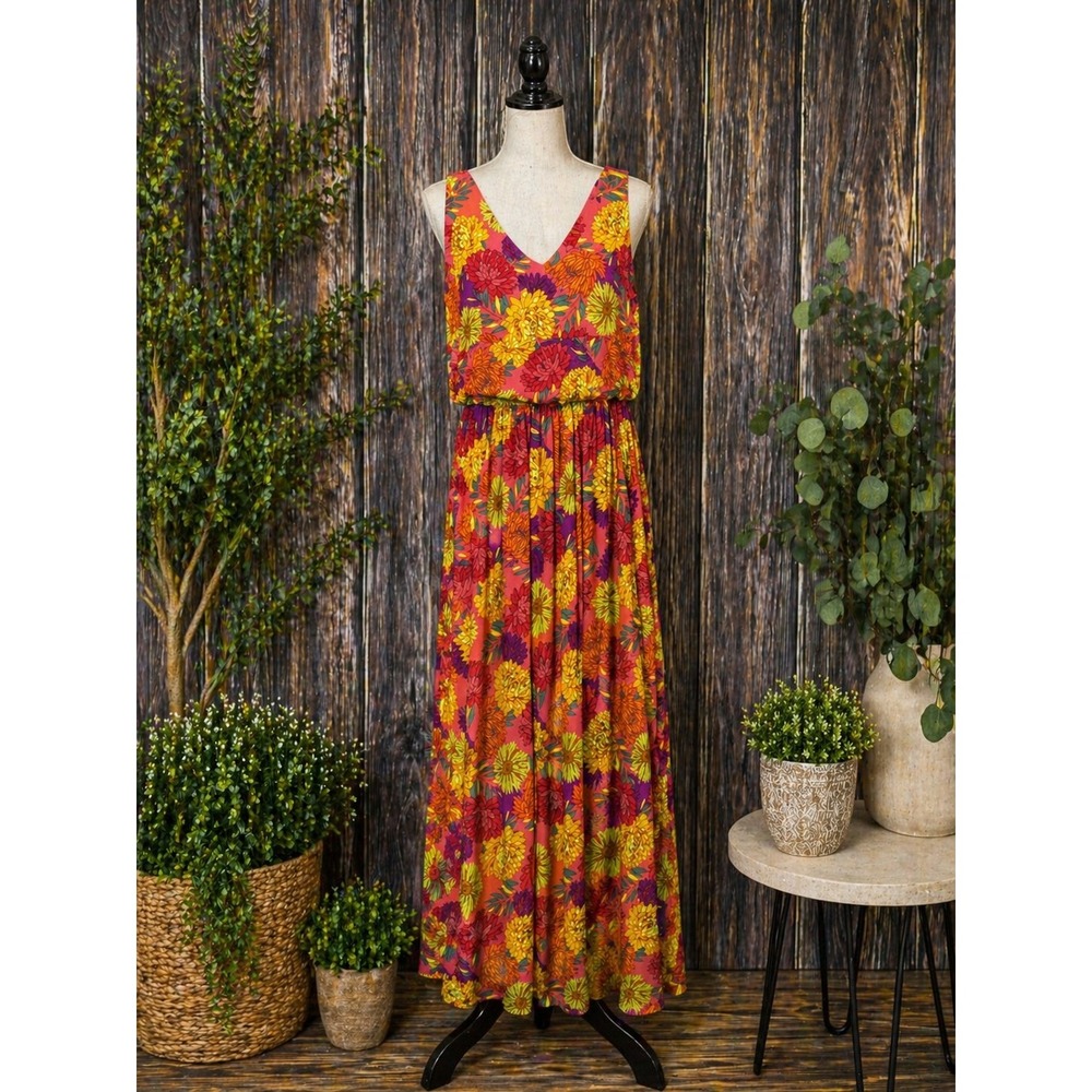 Tabitha Webb Dress Womens Large Orange Yellow Floral Maxi V Neck Sleeveless NWT